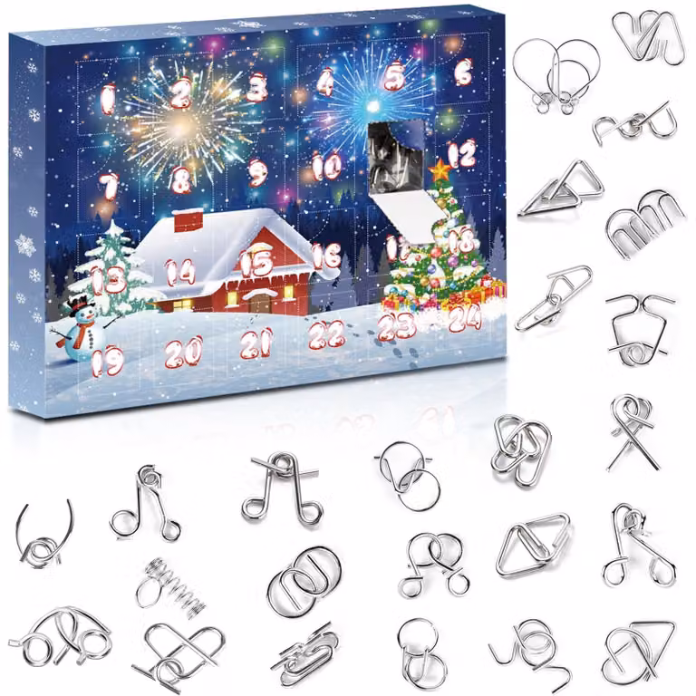 Calendario dell'Avvento con 24 puzzle in metallo a tema natalizio