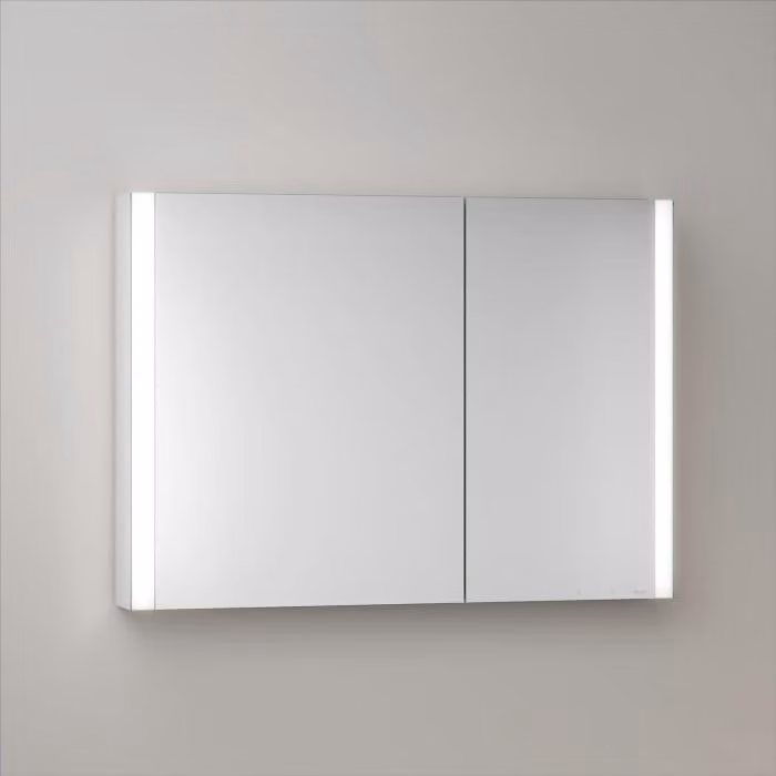 Mobiletti specchio a parete LED Keuco Royal Metis, dimensioni 100 x 71 cm, 2 ante con riscaldamento a specchio, design asimmetrico, versione svizzera