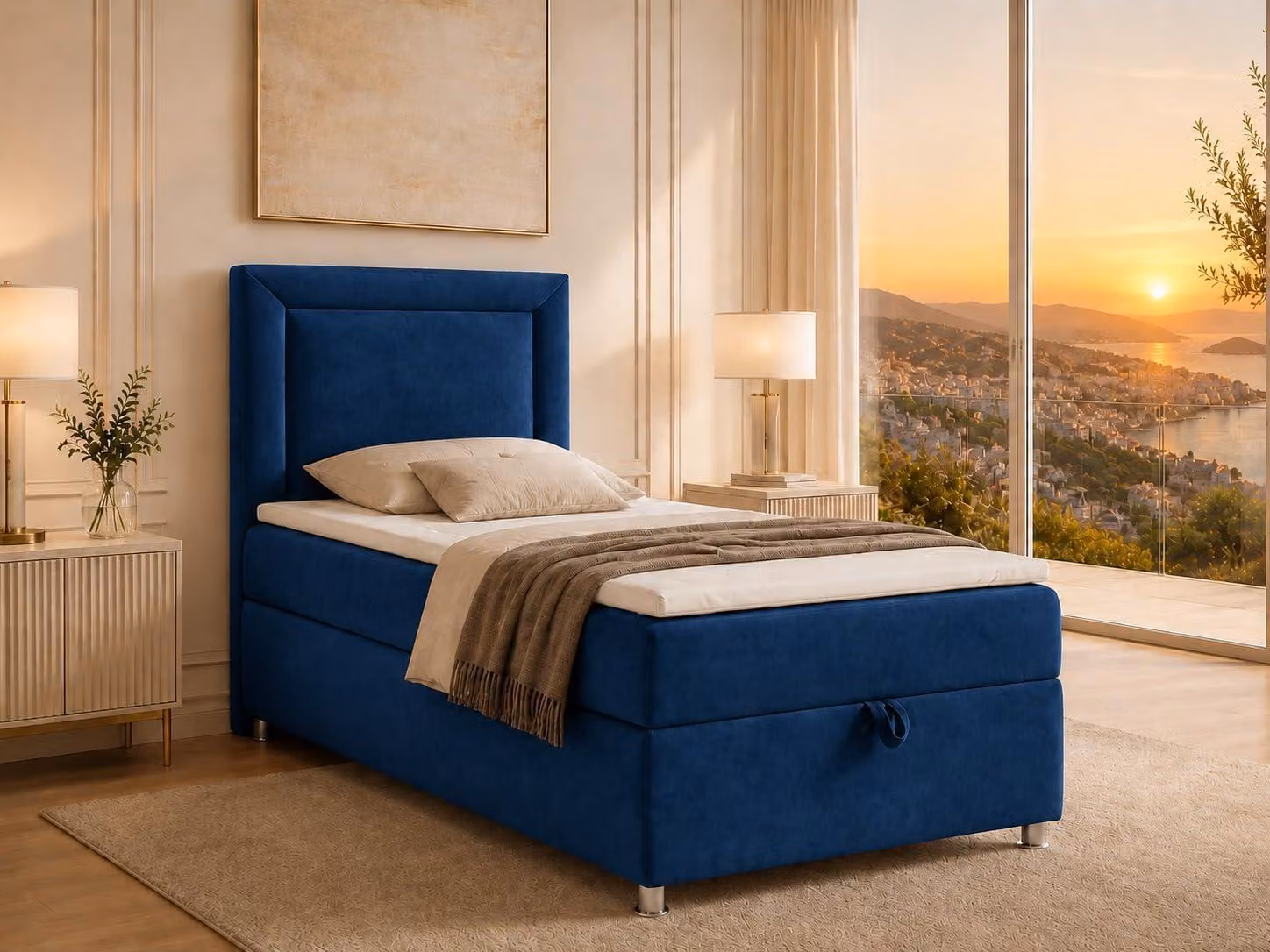 Best for Home Letto boxspring con contenitore Trinity K3-SINGLE 90x200 Materasso a molle Bonell incl. topper - Blu