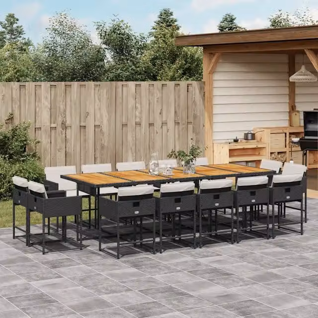 Set da Pranzo da Giardino 15 pz con Cuscini Nero in Polyrattan 3278186