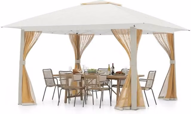 Tenda da esterno pieghevole con zanzariera e tetto doppio, Riparo parasole per patio giardino 394 x 394 cm Beige