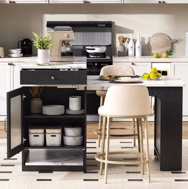 Tavolo da pranzo estensibile ULEVR 80x71-151x92 cm con prese integrate, cassetto e ripiani, bianco e nero