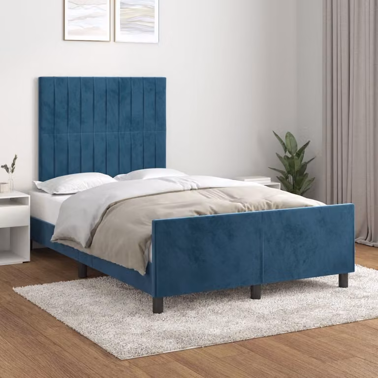 The Living Store Struttura letto con testiera in velluto blu scuro 120x200 cm