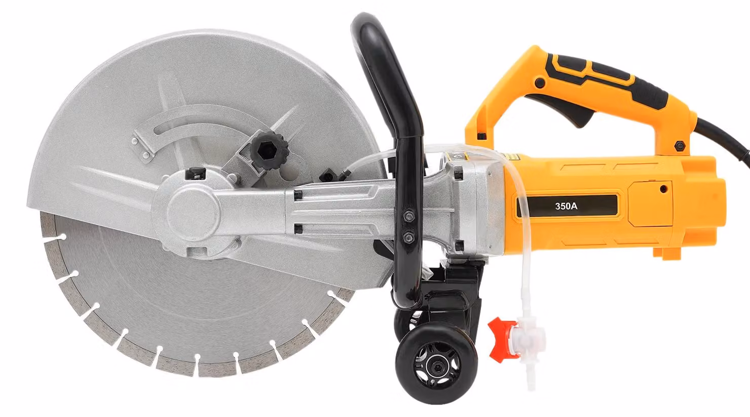 Troncatrice per calcestruzzo elettrica - Diametro del disco da 350 mm - Potenza: 3000W, 220V - 4200 giri/min - Guida per tagli su muri e strade - Taglio a umido, portata massima: 4 l/min - Colore: rosso