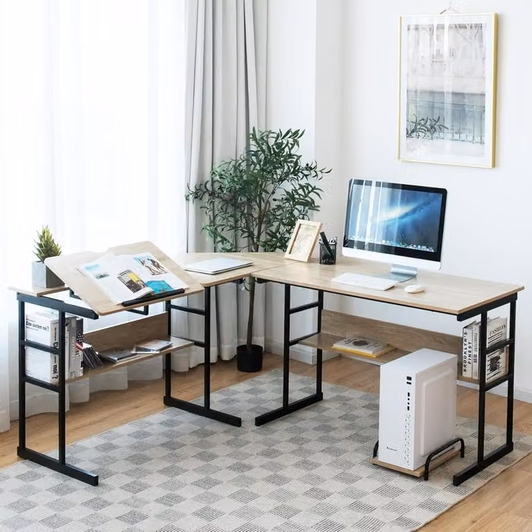 Scrivania da angolo moderna a forma di L Costway per ufficio domestico, colore marrone naturale, larghezza: 170 cm