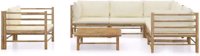 Set di Divani da Giardino vidaXL in Bambu 7 Pezzi con Cuscini Bianco e Beige