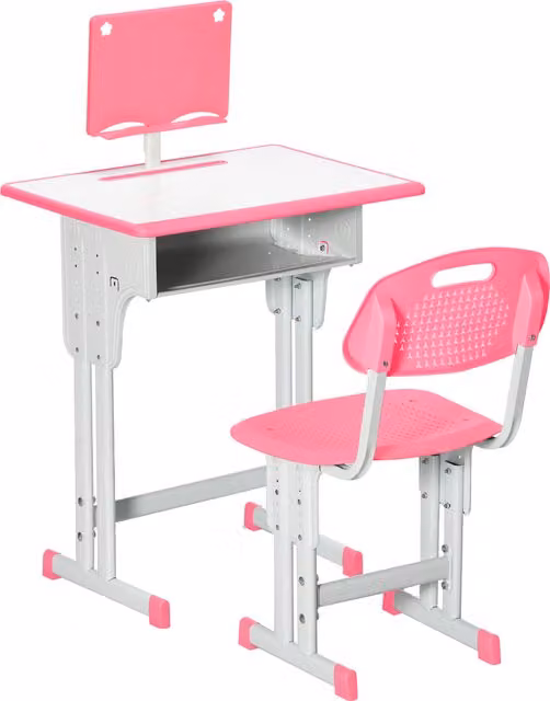 HOMCOM Banco Scuola con Sedia ad Altezza Regolabile per Bambini, Rosa, in Acciaio e MDF