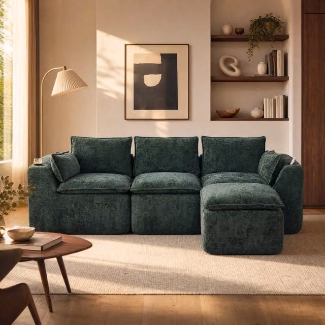 Divano modulare 3 posti con pouf; tasche laterali e cuscini; in chenille verde; 256x161x75 cm