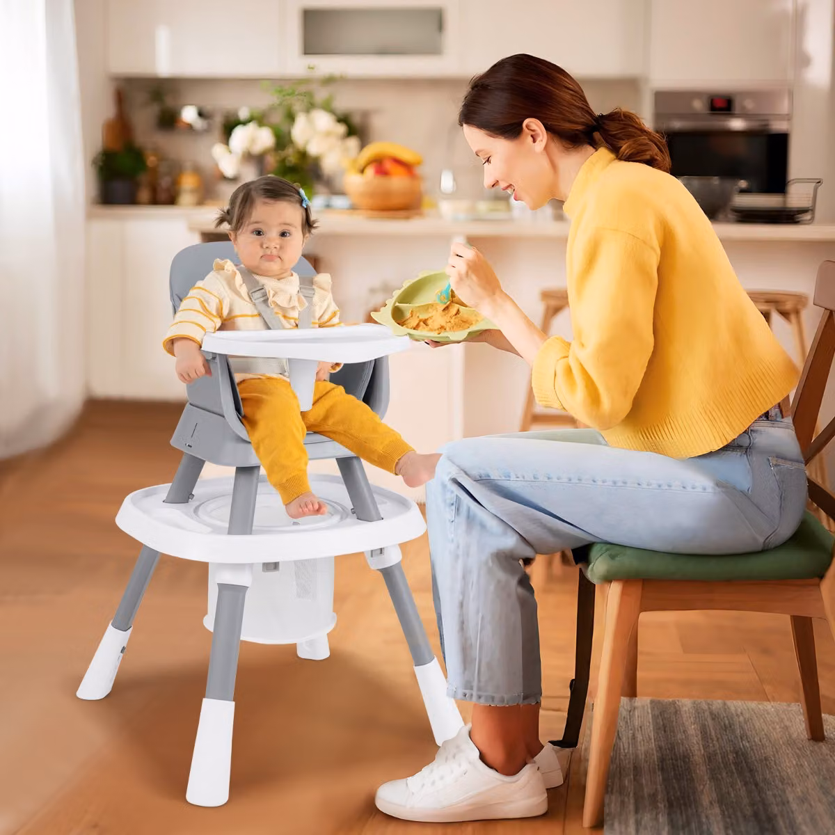 Seggiolone convertibile 16-in-1 Costway con tavolo, sedia e vassoio rimovibile, Grigio
