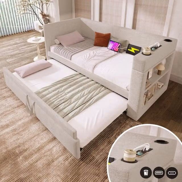 Letto divano 90x190 cm con letto estraibile e USB; misto lino e cotone grigio