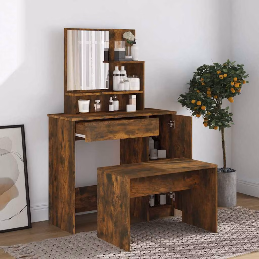Set Tavolo da Toeletta vidaXL in Rovere Fumo, L/P/H: 86,5 x 35 x 136 cm