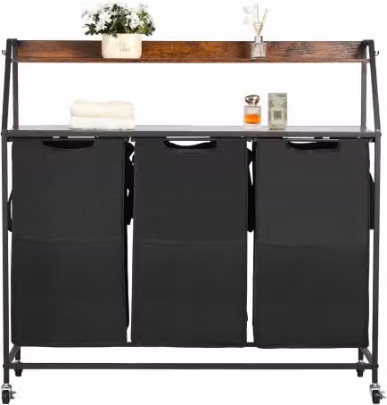 Cesto Portabiancheria Vevor con 3 Scomparti e Ruote, Struttura in Metallo con Piano in Legno e Sacchetti in Tessuto Oxford 600D, Colore Nero