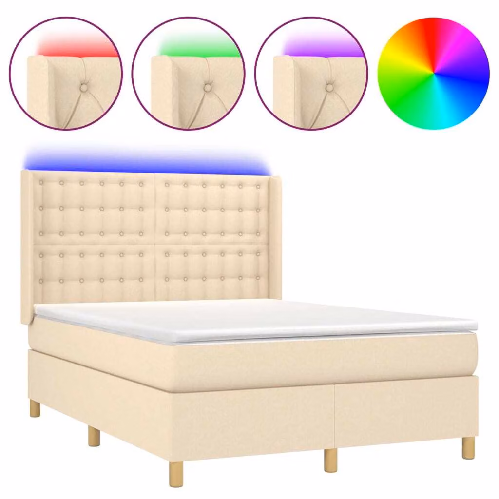 Letto a Molle con Materasso e LED Crema 140x200 cm in Tessuto