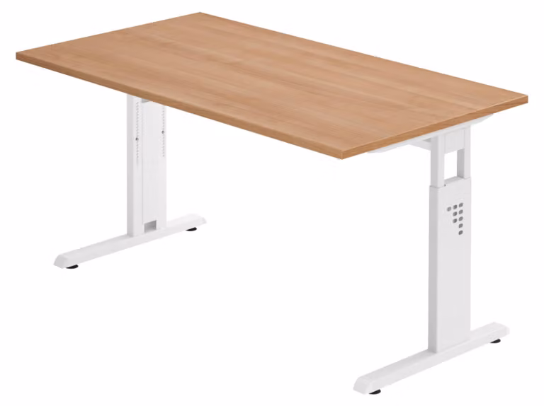 Scrivania della serie "O" di bümö: piano in impiallacciatura di noce, struttura in bianco, dimensioni: 140 x 80 cm