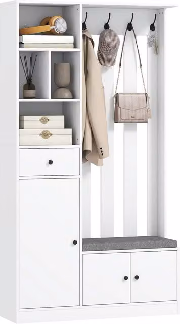 Mobile Ingresso 4 in 1 con Appendiabiti Panca Contenitore Ripiano Regolabile e 4 Ganci Salvaspazio per Casa Bianco 100x30x180cm