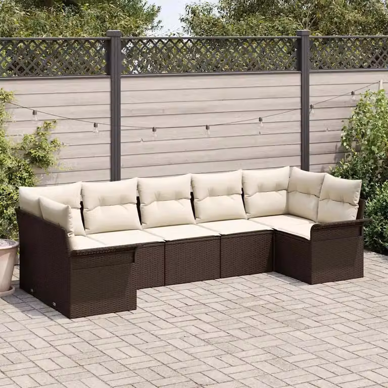 Set Divano da Giardino a L vidaXL 7 Pezzi Marrone con Cuscini in Tessuto Resistente ai Raggi UV e Struttura in Metallo