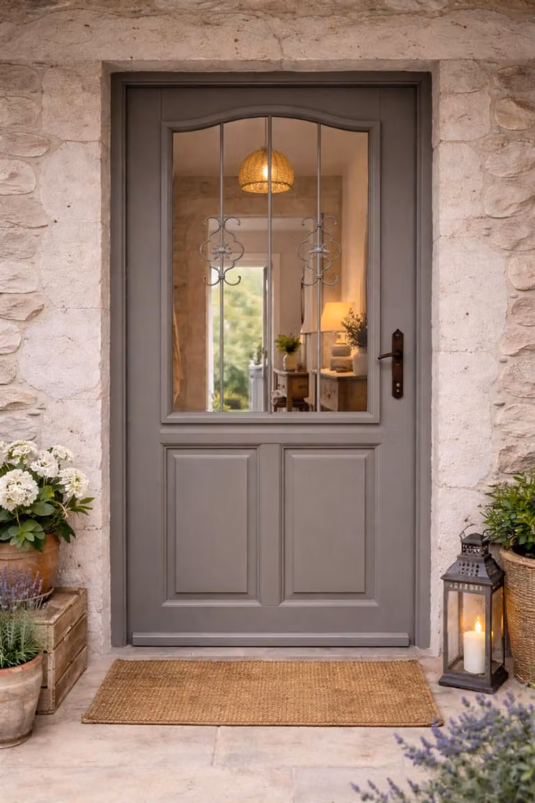 Porta d'ingresso in legno con vetro Santiago Grigio Quarzo, H.215xL.90 cm lato tavolo P, sinistra, maniglia, cilindro grande Carpenterie
