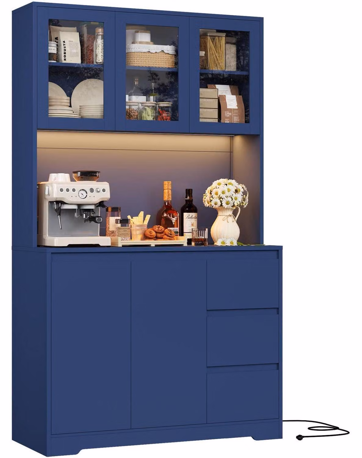 Mobiletto da cucina/buffet con illuminazione LED, mobiletto laterale, dimensioni 180x100x38,5 cm, colore blu, con presa multipla e piano di lavoro