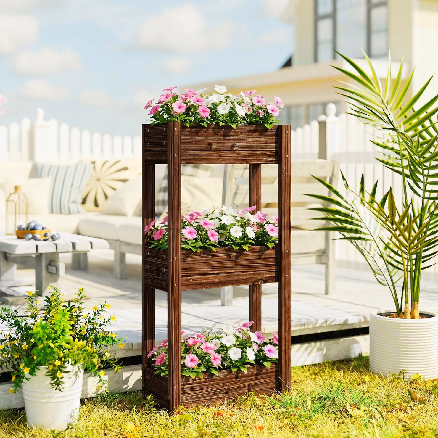 Fioriera rialzata Outsunny a 3 livelli in legno con fodera e drenaggio, Marrone, L: 60 cm, P: 25 cm, H: 120 cm – 2