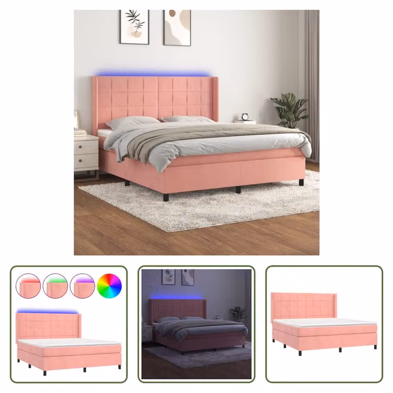 The Living Store Letto a molle con materasso e LED Rosa 160x200 cm Velluto