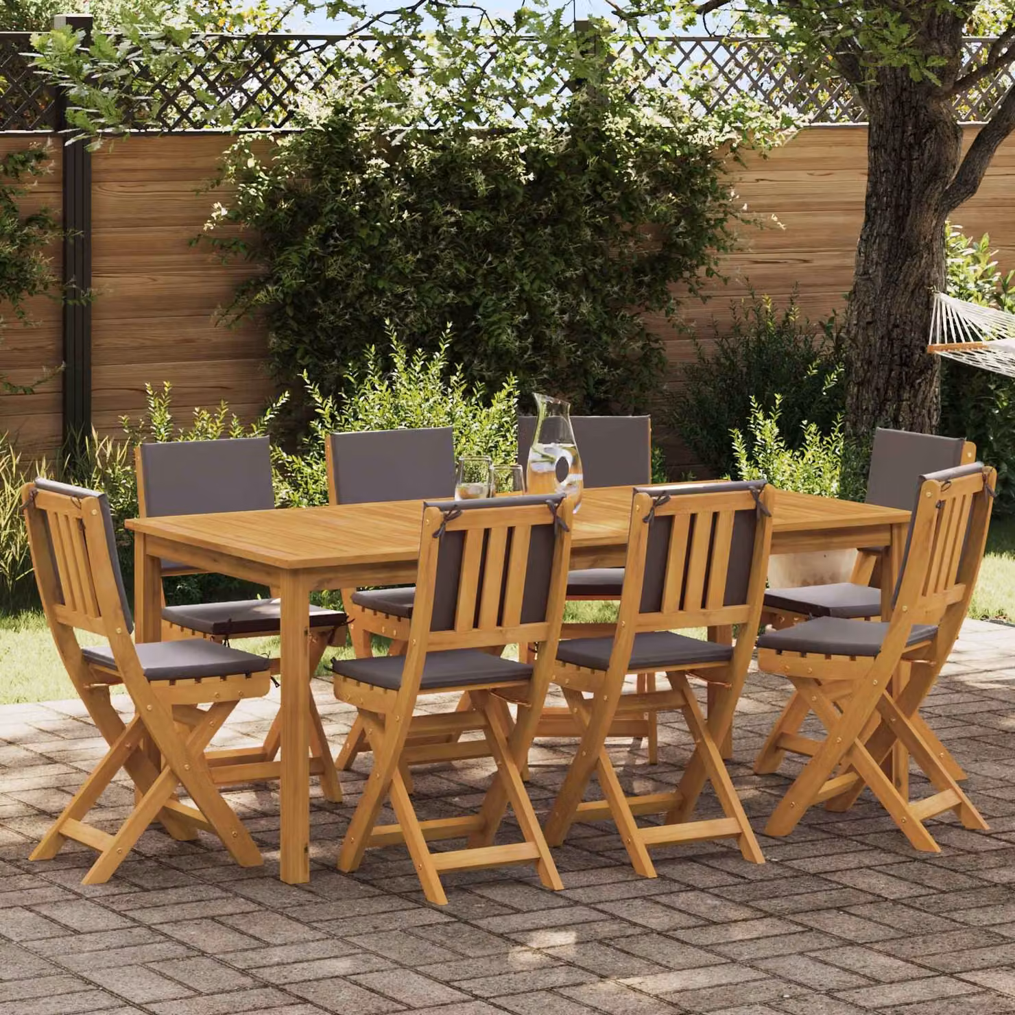 Set di 8 sedie da giardino bistro vidaXL in legno di acacia oliato, colore grigio e marrone con cuscini inclusi
