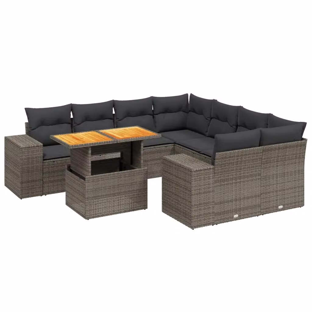 vidaXL Set Divano da Giardino a L in Polyrattan Grigio con Cuscini, Tavolino e Sedute, 9 Pezzi – 2