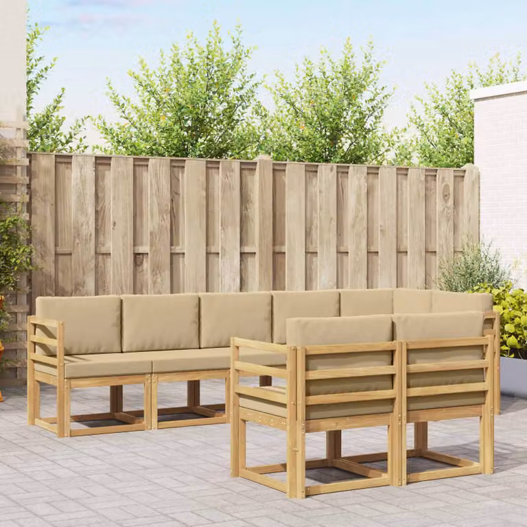 Set di divani da esterno a forma di U vidaXL in legno di acacia con cuscini, Bianco, Beige e Marrone