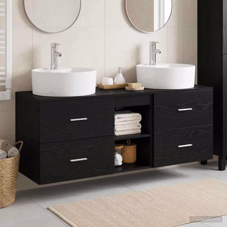 Set di mobili da bagno moderni vidaXL in legno nero opaco, composto da 3 pezzi, L/P/H: 129 x 44.5 x 82 cm
