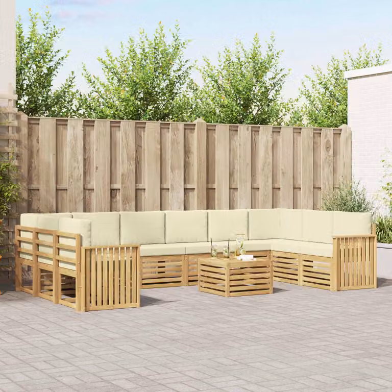 Set di divani da esterno vidaXL 11 pezzi in legno di acacia con cuscini Bianco e Beige