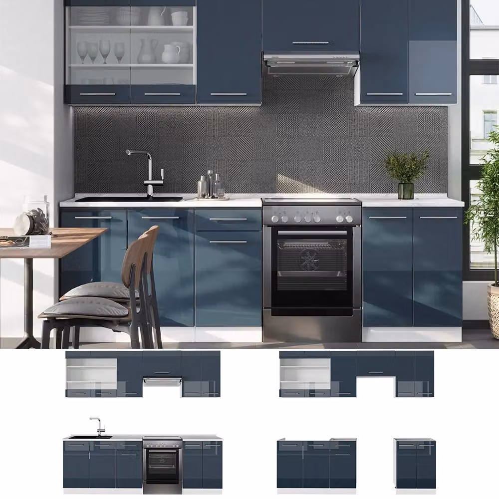 Cucina componibile moderna Vicco Fame-Line in blu scuro lucido e bianco, L: 240 cm, P: 60 cm, H: 81.6 cm – 2