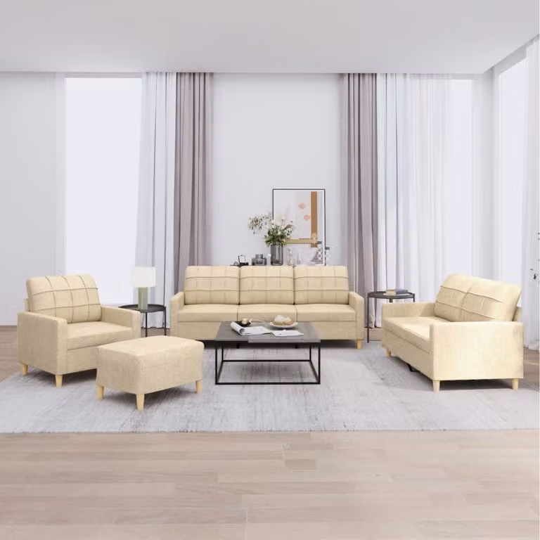 Set di divani vidaXL 4 pezzi in tessuto beige con pouf e cuscini per soggiorno moderno