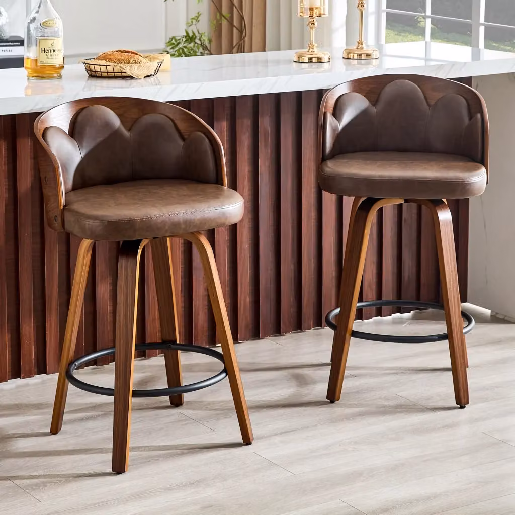 Set di sgabelli da bar WISHDOR con schienale a fiore, struttura in legno e metallo con seduta in ecopelle marrone e nera, design moderno – 2