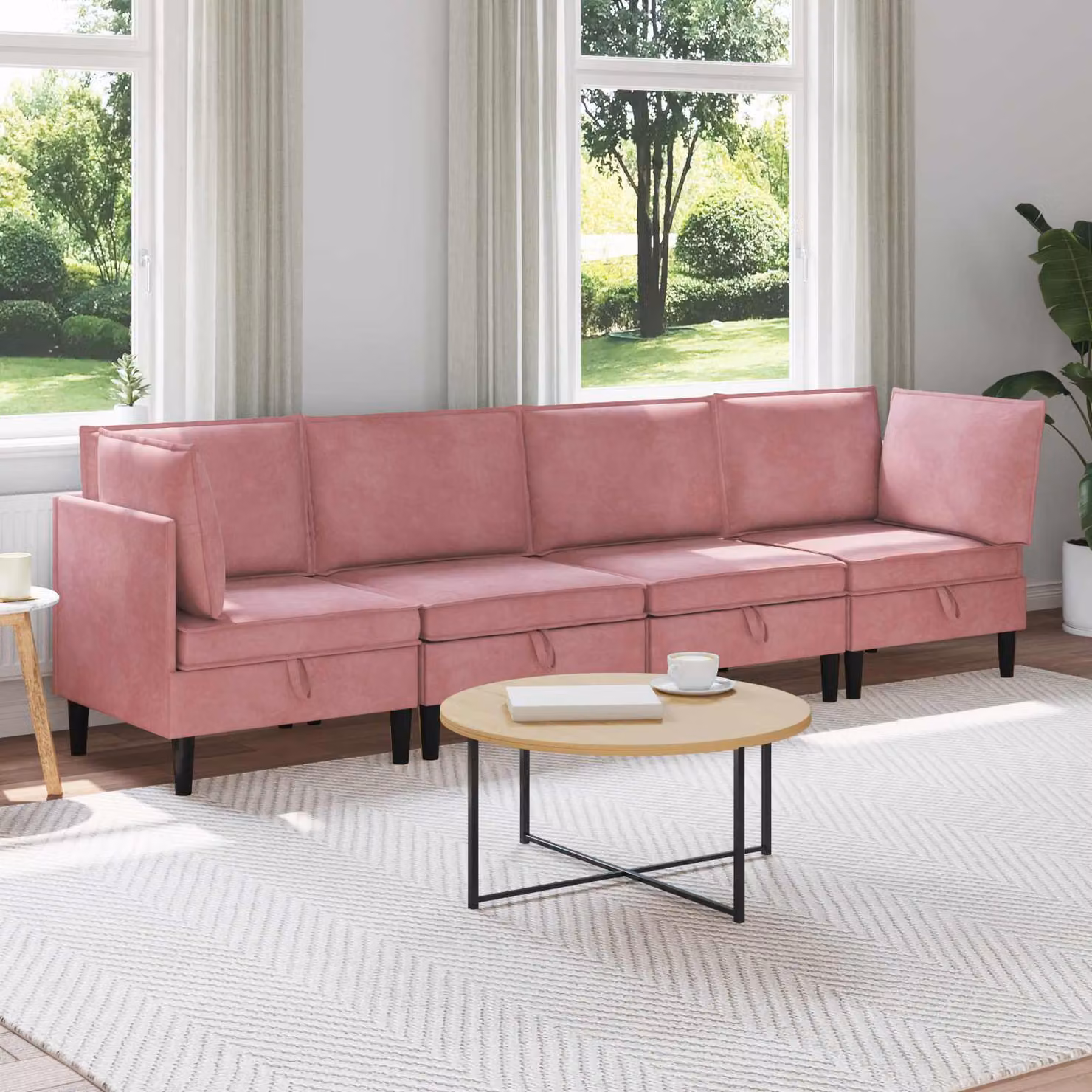 Set di mobili per il soggiorno vidaXL composto da 4 pezzi in velluto rosa con design moderno a forma di L e cuscini inclusi