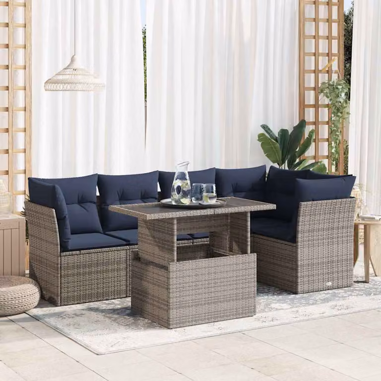 Set Divano da Giardino a L vidaXL in Polyrattan con Cuscini e Tavolino da Caffè, Grigio e Blu