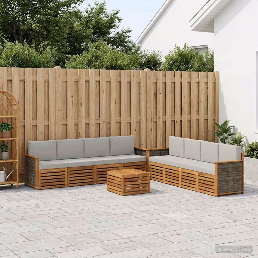 Set di divani da esterno vidaXL a forma di U in legno di acacia con tavolino da caffè, 9 pezzi, Beige e Grigio