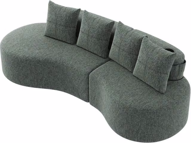 Divano in lino verde con 4 cuscini, schiuma ad alta densità e supporto a molle, porta bicchieri e tasca laterale, 240x109x60 cm