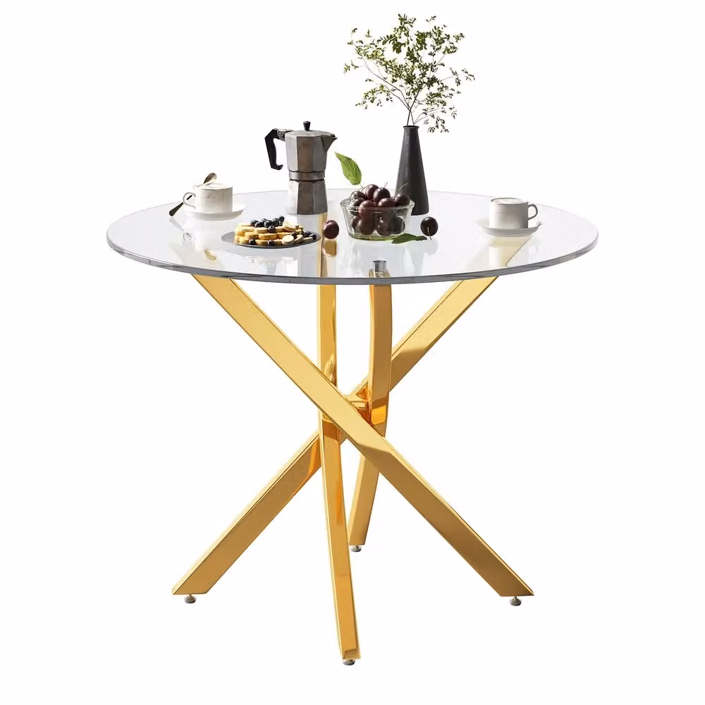 Tavolo rotondo Minimal in vetro temperato trasparente con gambe in metallo oro, stile moderno, L: 80 cm, P: 80 cm, H: 75 cm – 2