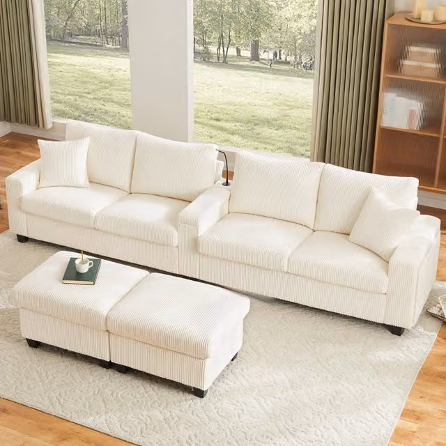 Divano angolare a U modulare con 2 pouf, porta USB e Type-C, lampada da lettura e vano portaoggetti, tessuto beige