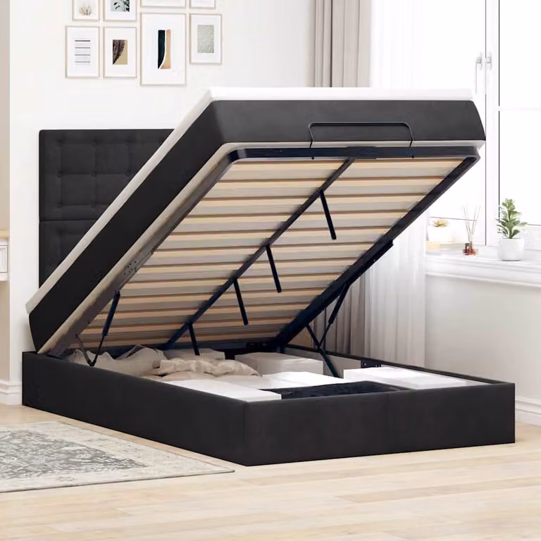 Letto con contenitore a sollevamento vidaXL in velluto nero e bianco L/P/H: 120 x 200 x 128 cm
