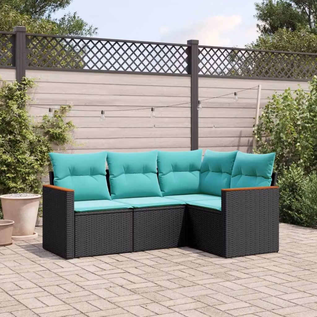 Set di divani da giardino vidaXL a forma di L composto da 4 pezzi con cuscini imbottiti in polyrattan e struttura in metallo nero