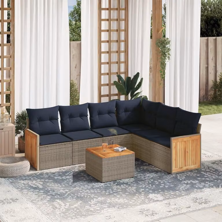 Set Divani da Giardino 7 pz con Cuscini Grigio in Polyrattan