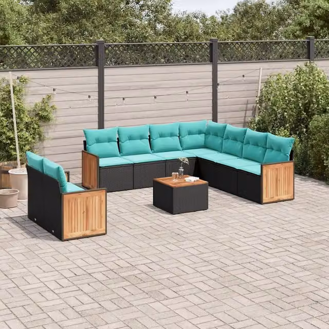 Set da giardino componibile vidaXL in polyrattan nero con cuscini e tavolino da esterno a forma di L