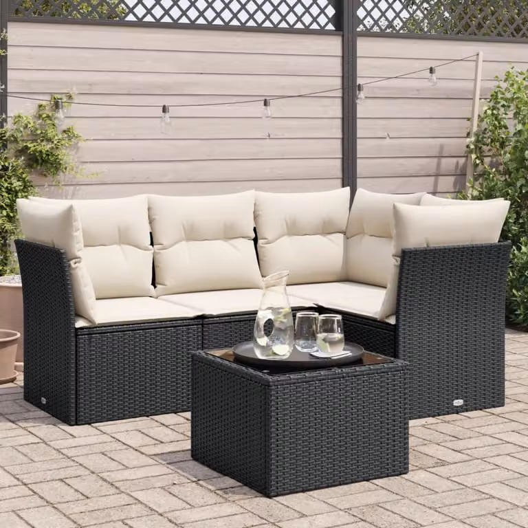 vidaXL Set Divani da Giardino 5 pz a Forma a L in Polyrattan Nero con Cuscini e Tavolino da Caffè in Vetro