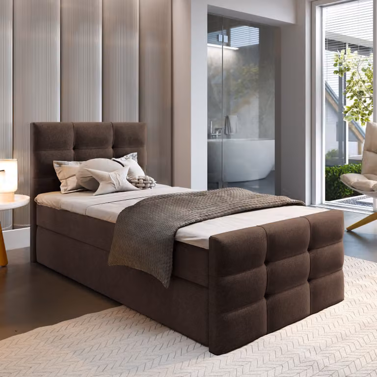 Letto a molle insacchettate Masseno AMON 80 80x200 cm completo di materasso e topper Bonell, letto imbottito con cassettiera - marrone, COSMIC 800