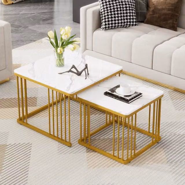 Set di 2 tavolini da caffè 60x60x45 cm e 45x45x40 cm inseribili uno nell'altro in MDF bianco