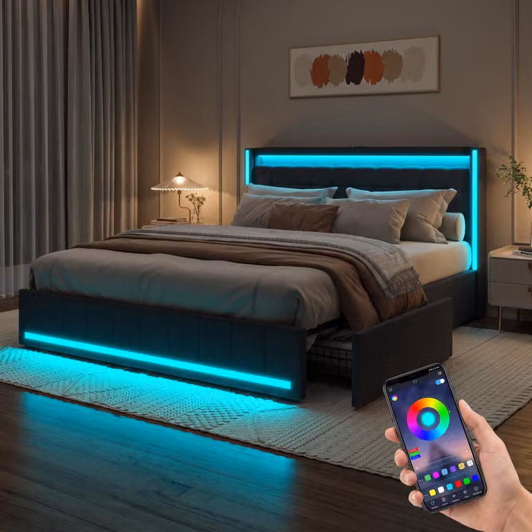 Letto contenitore 180x200 cm, letto con spazio contenitore, 4 cassetti, letto imbottito con LED e USB, struttura letto matrimoniale con rete a doghe, letto per ragazzi, colore grigio