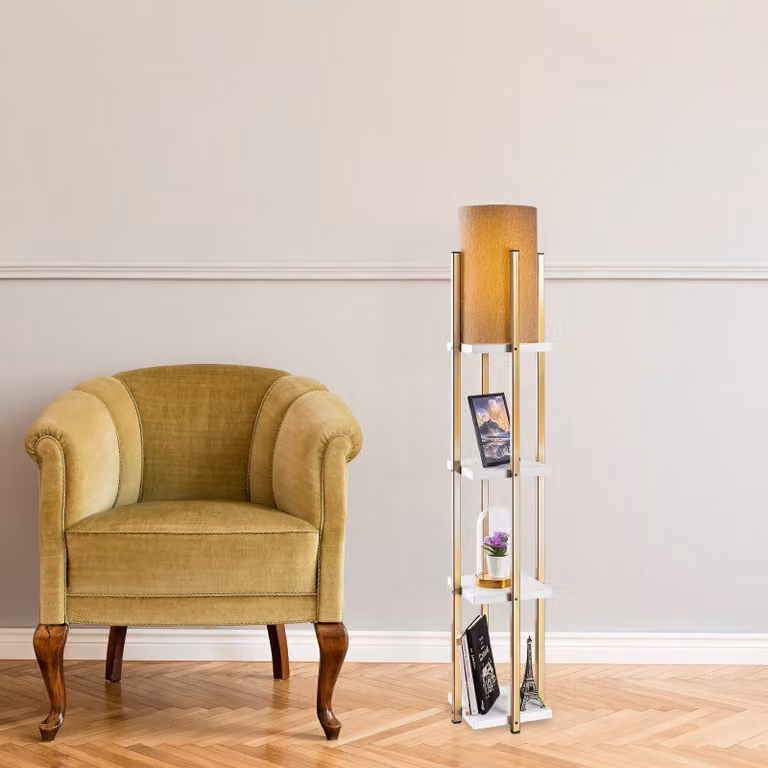 Opviq, 7120- 7120LMP, Bianco,Oro, Lampade da terra, 25 x 25 x 130 cm, Corpo in metallo