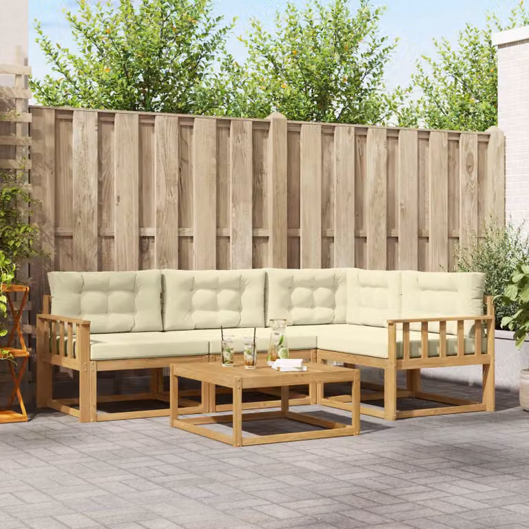 vidaXL Set di divani da esterno a L con tavolino da giardino in legno di acacia, 5 pezzi, Bianco, Beige e Marrone