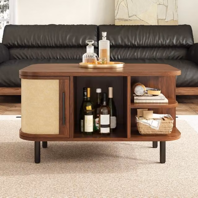 Tavolino da caffè moderno MODFU in MDF e metallo, colore marrone, con piano piatto e angoli arrotondati, L: 80 cm, P: 60 cm, H: 47 cm – 1