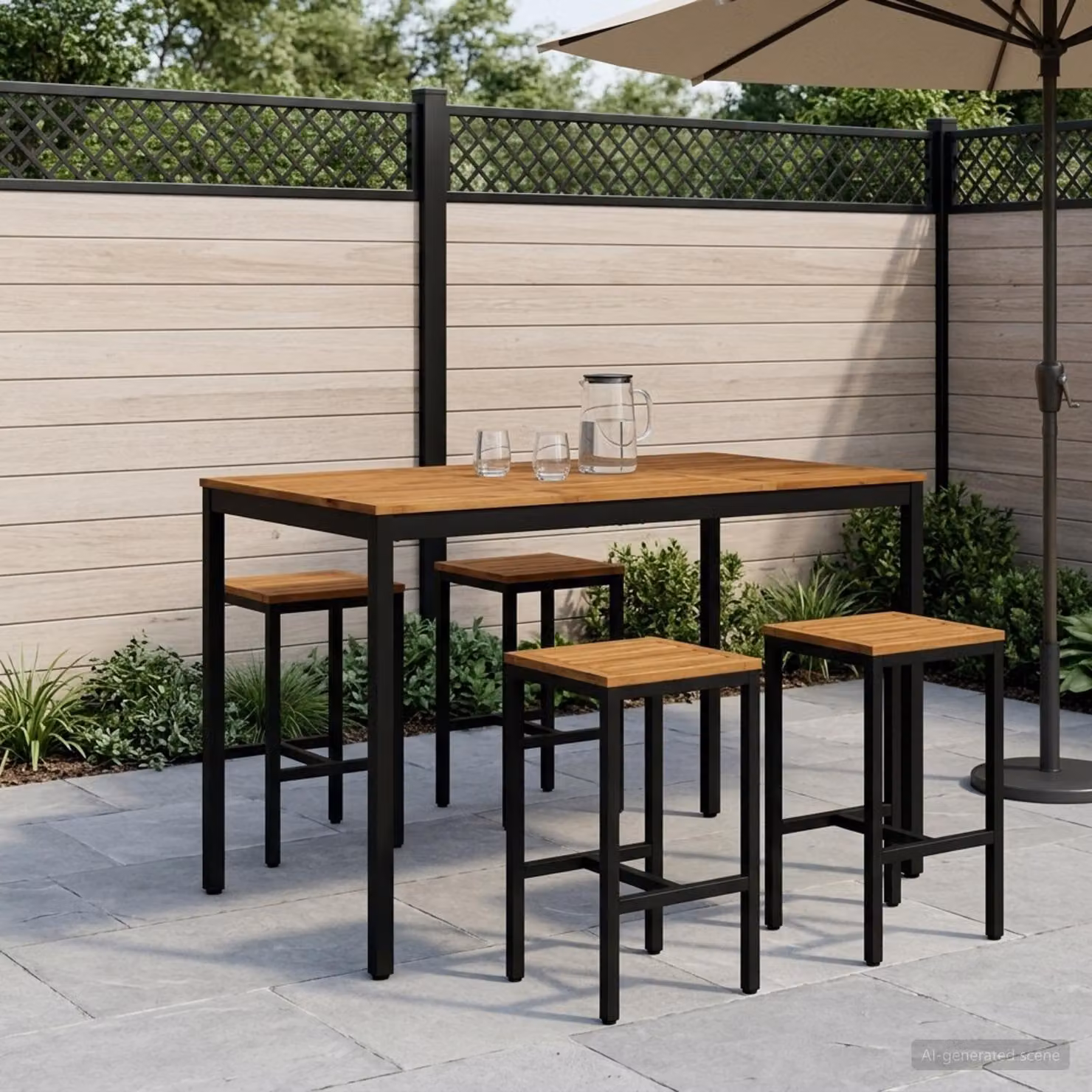 vidaXL Tavolo da Bar da Giardino NAARDEN in Legno di Acacia e Metallo, Marrone e Nero, L: 147 cm, P: 88,5 cm, H: 105 cm